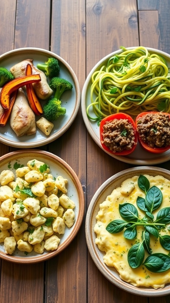 Quick and Healthy Low-Carb 5-Ingredient Meals A variety of low-carb meals including grilled chicken with broccoli, zucchini noodles, stuffed bell peppers, and an egg scramble with spinach.
